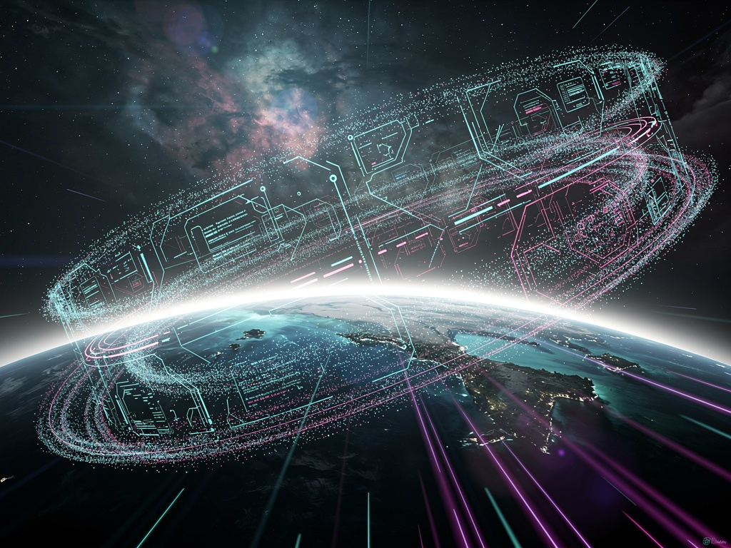 Sci-fi futuristic illustration of AI agent swarm coordinating around a planetary backdrop with halo effect