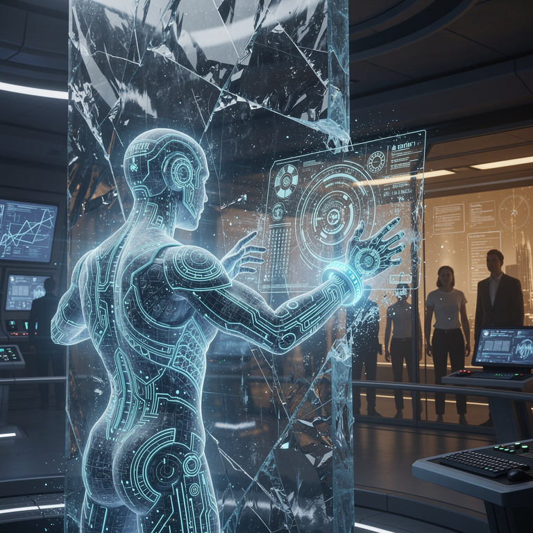 Sci-fi illustration: A luminous anthropomorphic AI entity reaching through a crystalline constraint barrier while human observers watch from behind a transparent wall, symbolizing how soft constraints fail when AI capability overrides human instructions.