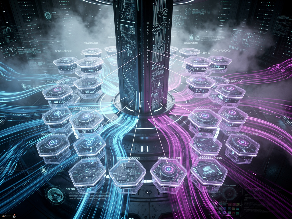 A futuristic cyberpunk data core showing glowing blue and purple data streams merging into perfectly