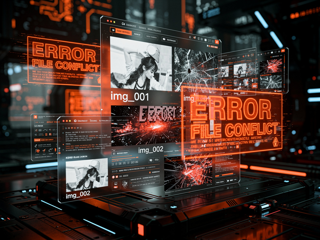 A futuristic glowing interface showing a messy collision of digital files