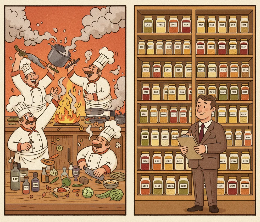 Kitchen and Pantry Analogy - Fast-paced kitchen representing SDLC vs organized pantry representing DLCM